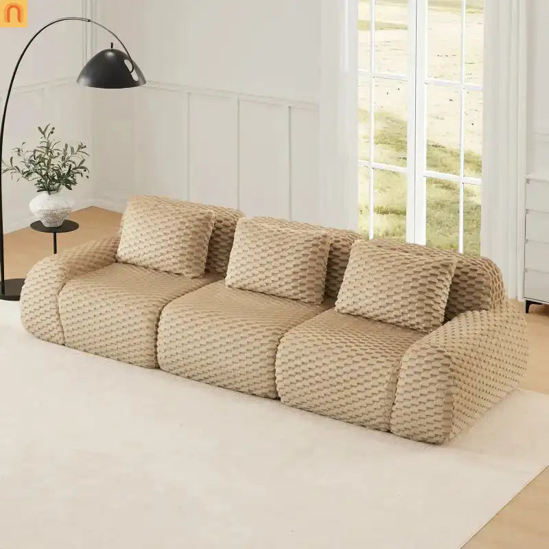 Sectional Sofa Modular Flannelette Light Camel 3 Seat Curved Footrest