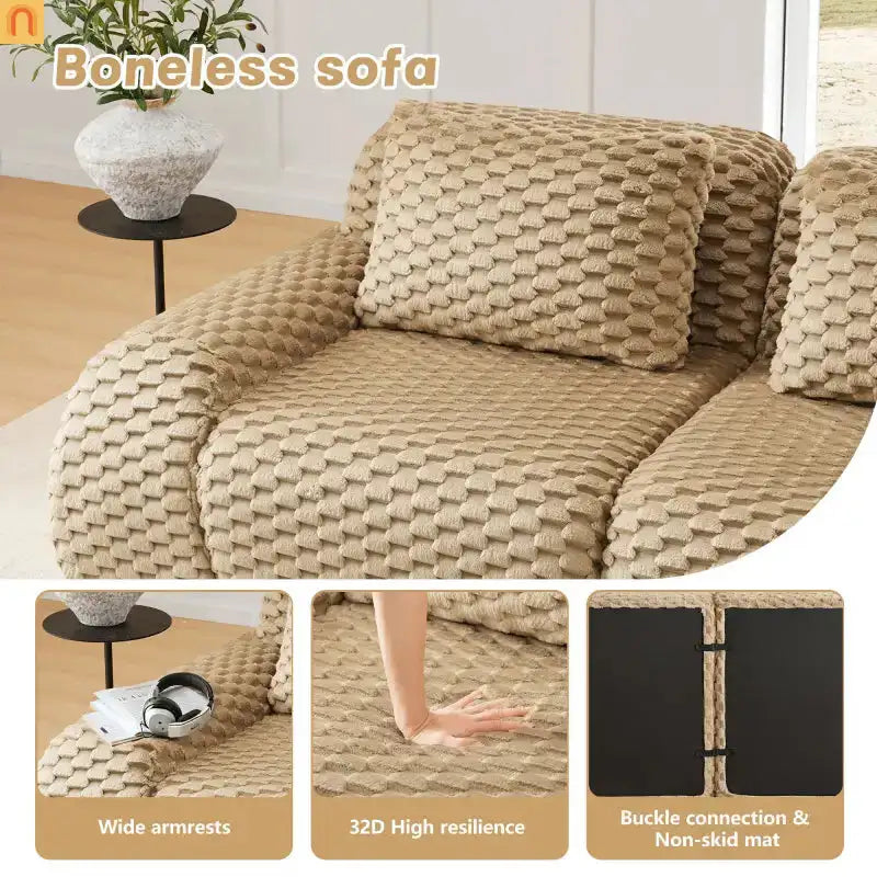 Sectional Sofa Modular Flannelette Light Camel 3 Seat Curved Footrest