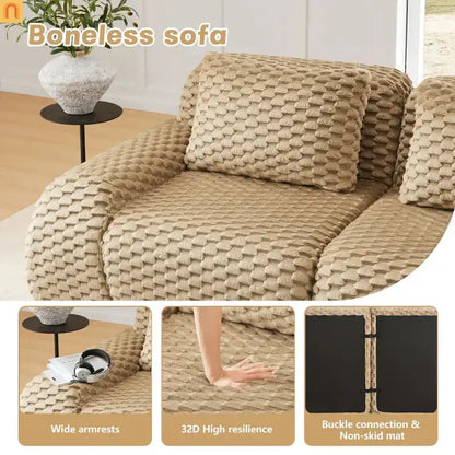 Sectional Sofa Modular Flannelette Light Camel 3 Seat Curved Footrest