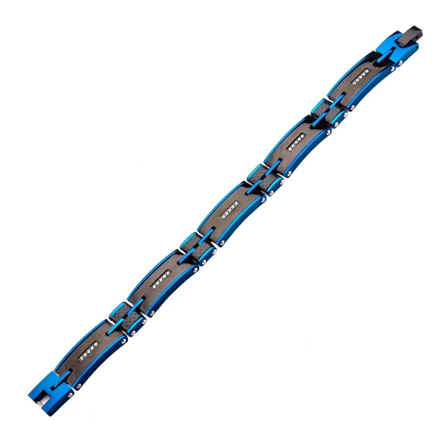 Mens Stainless Steel Solid Carbon Graphite and Blue IP with Clear CZ Gem Link Bracelet