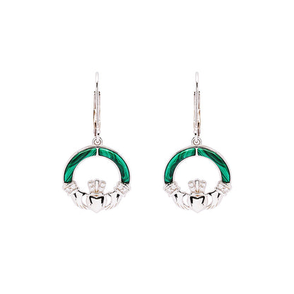 Green Malachite Sterling Silver Claddagh Drop Earrings