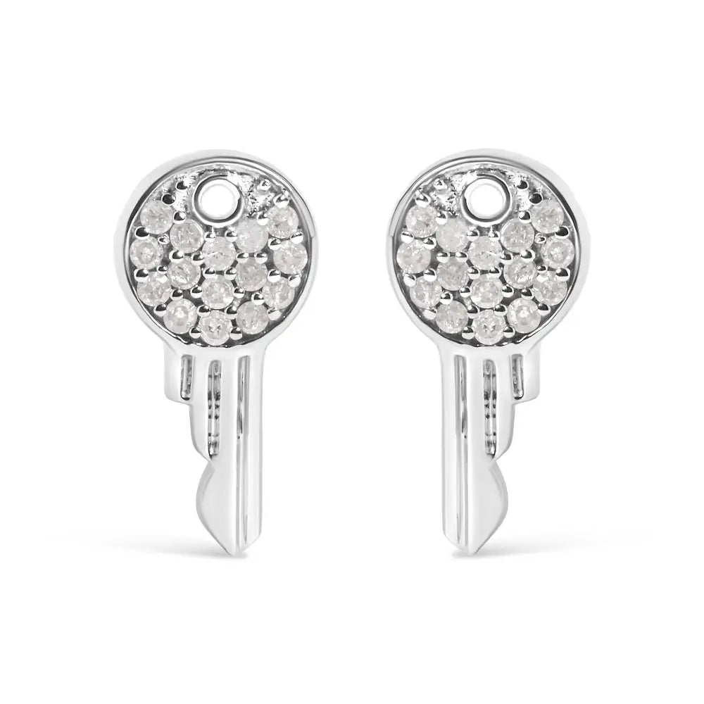 Natural Diamond Key Motif Charm Stud Earrings in Sterling Silver – 1/6 Cttw