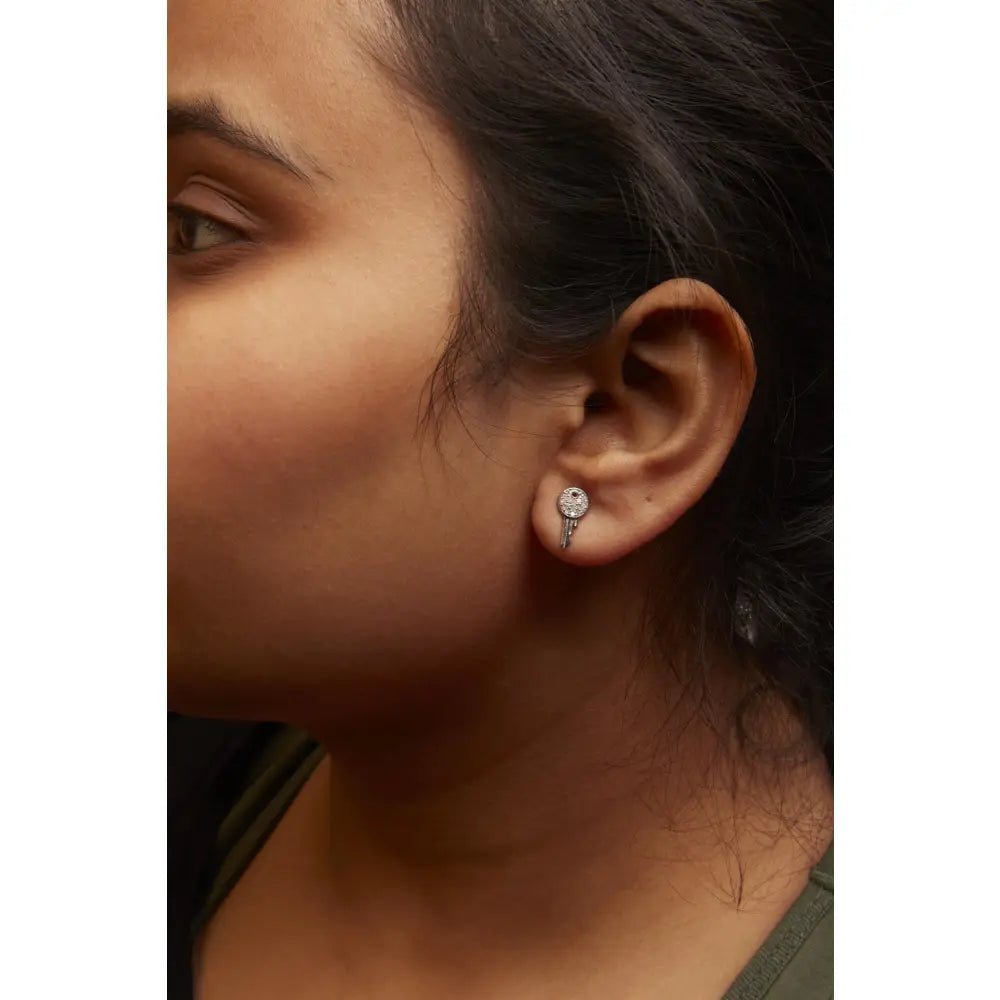 Natural Diamond Key Motif Charm Stud Earrings in Sterling Silver – 1/6 Cttw