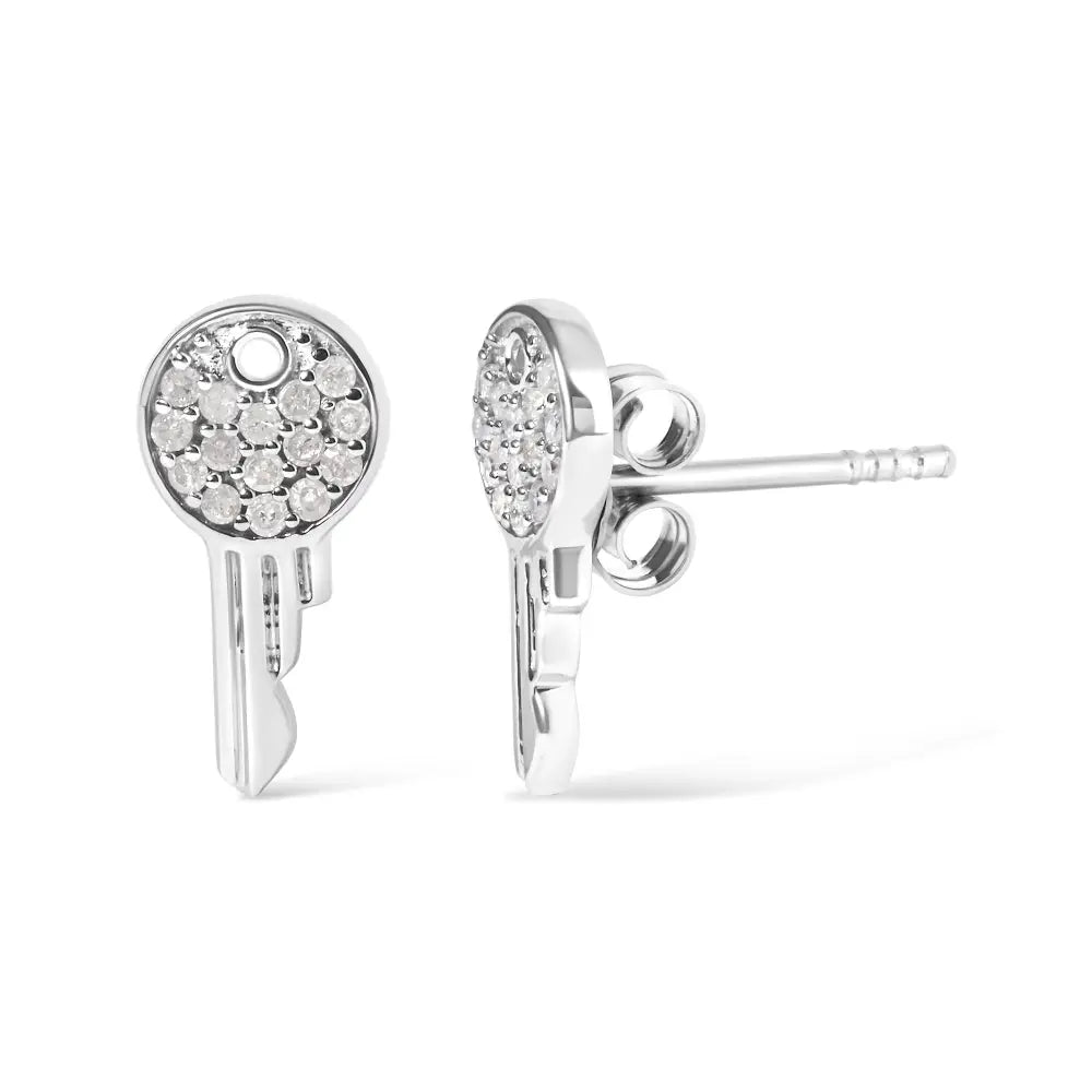 Natural Diamond Key Motif Charm Stud Earrings in Sterling Silver – 1/6 Cttw