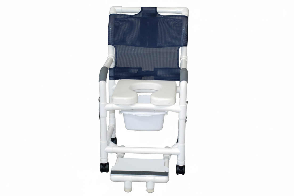 MJM International 118-3TW-DDA-SF-SQ-PAIL Shower chair 18" internal width, open front seat, 3" twin casters, with double drop arms, slide out footrest and 10 qt slide out square commode pail, 300 lbs weight capacity