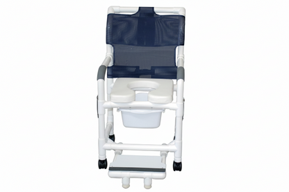 MJM International 118-3TW-DDA-SF-SQ-PAIL Shower chair 18" internal width, open front seat, 3" twin casters, with double drop arms, slide out footrest and 10 qt slide out square commode pail, 300 lbs weight capacity