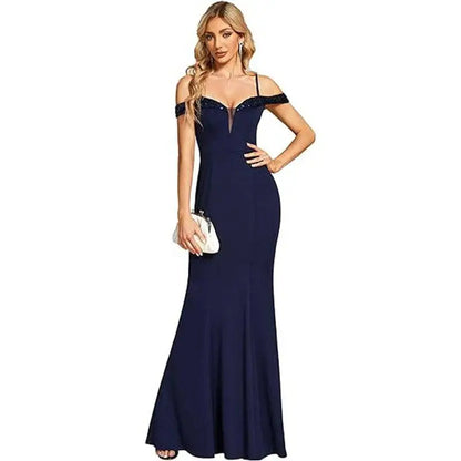 Navy Beaded Sling Evening Long Dress
