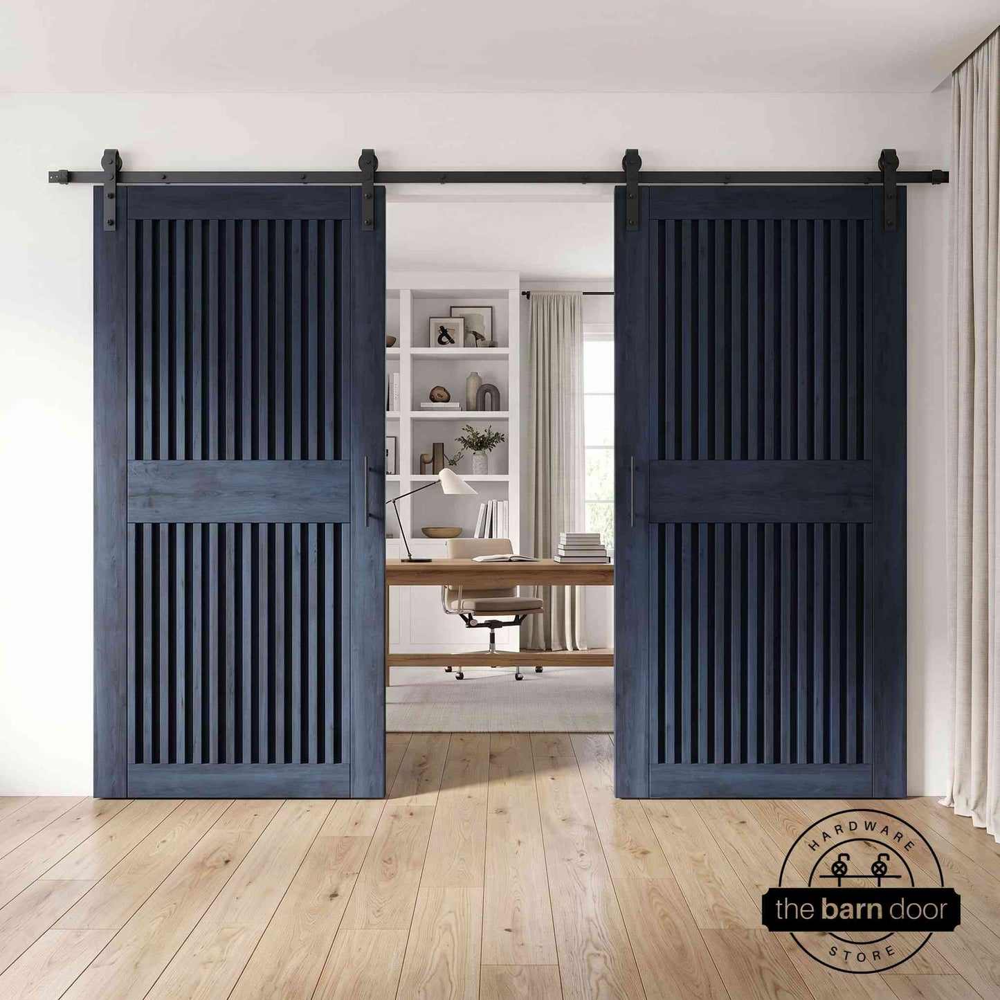 Vertical Slat Double Door Barn Door Kit | Black Barn Door Hardware