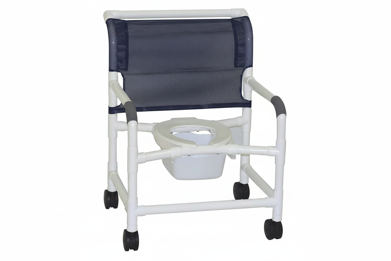 MJM International 126-4-NB Extra-wide Shower Chair 26" Internal Width, Open Front Seat0 Qt. Slide Out Commode Pail, 425 Lbs Weight Capacity