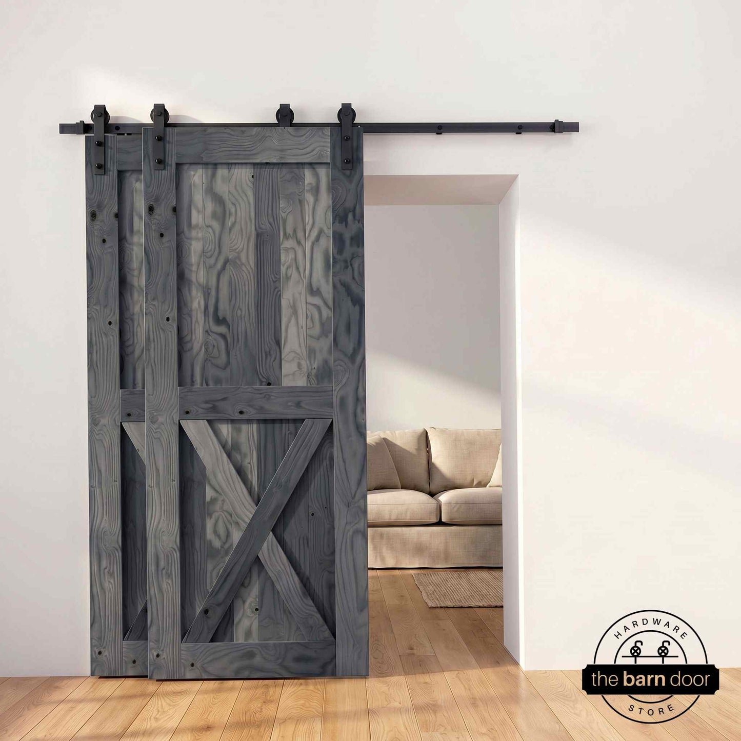 Classic Single Bypass 2 Door Barn Door Kit | Black Hardware
