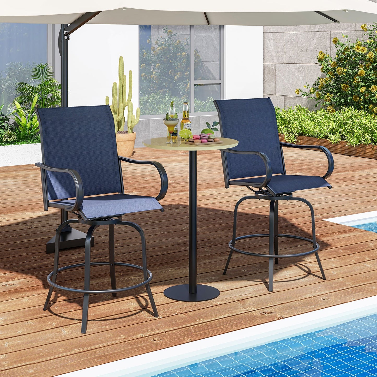 2 Pieces 360 Rotating Bar Stool Set with Armrests for Patio