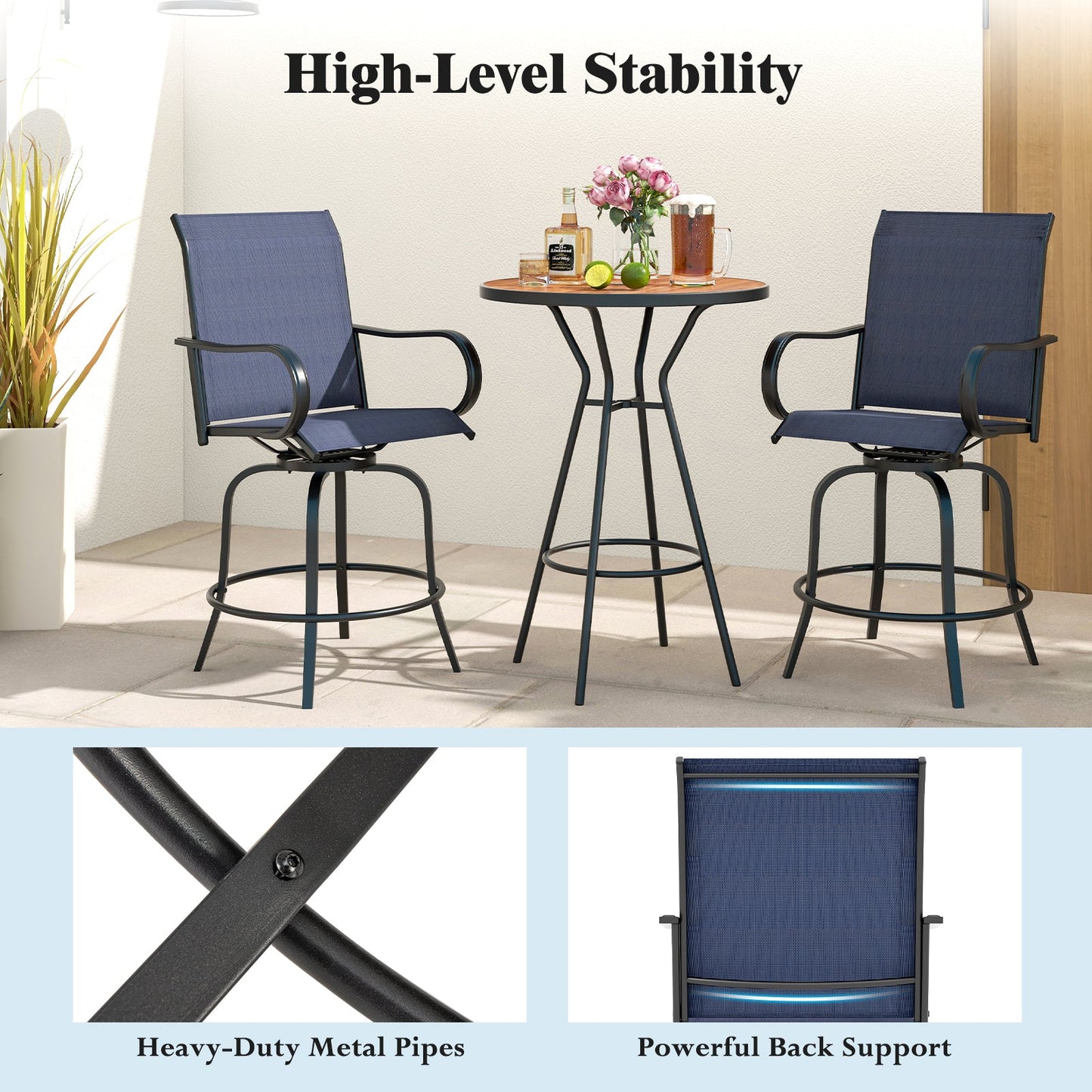 2 Pieces 360 Rotating Bar Stool Set with Armrests for Patio