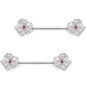 5/8 Pink Gem Geranium Flower Barbell Nipple Ring Set