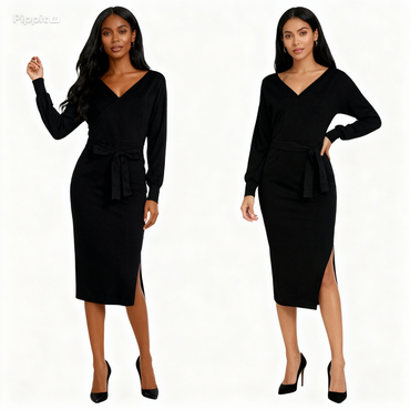 new SEXY RED Autumn And Winter Knitted Slim Double V-Neck FALL Sweater DRESS FOR WOMEN