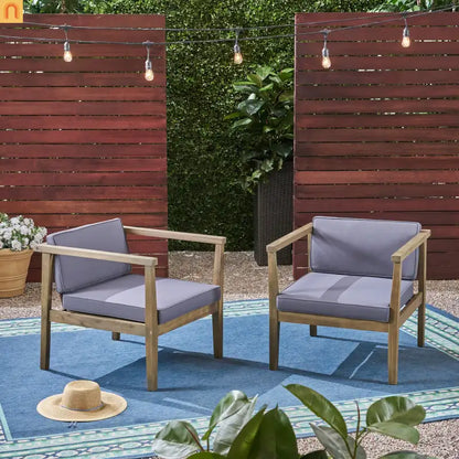 Outdoor Club Chair Acacia Wood Gray Dark Gray Cushion Set of 2