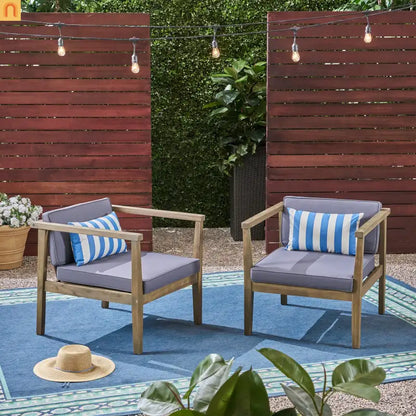 Outdoor Club Chair Acacia Wood Gray Dark Gray Cushion Set of 2