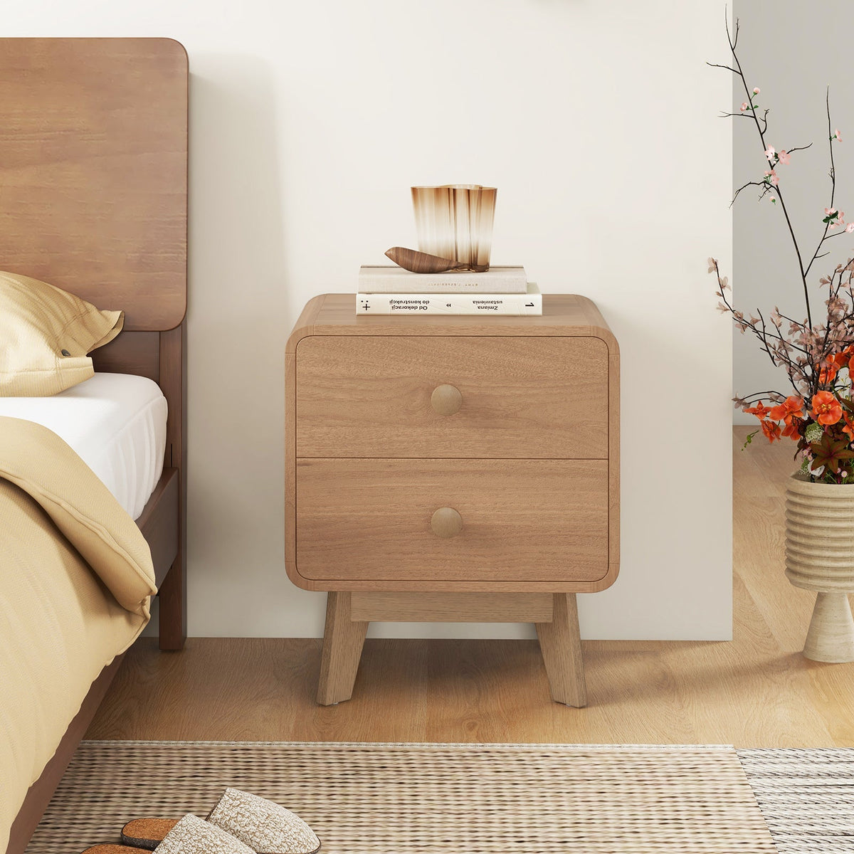 Nightstand with 2 Drawers Solid Rubber Wood Legs
