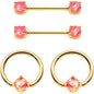 Pink Faux Opal Gold Tone Captive Ring Straight Barbell Nipple Ring Set