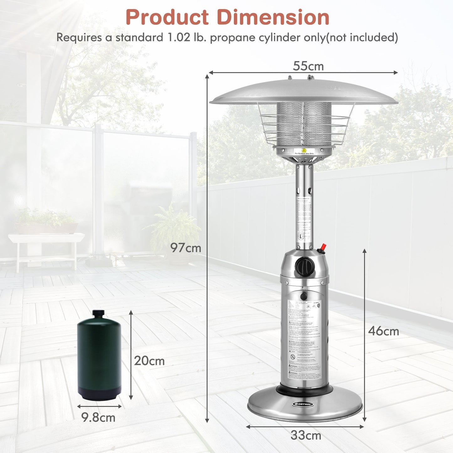 11 000 BTU Portable Tabletop Propane Patio Standing Heater
