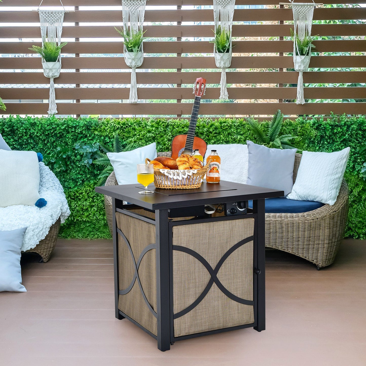 25 Inch 40000 BTU Propane Fire Pit Table with Lid and Fire Glass