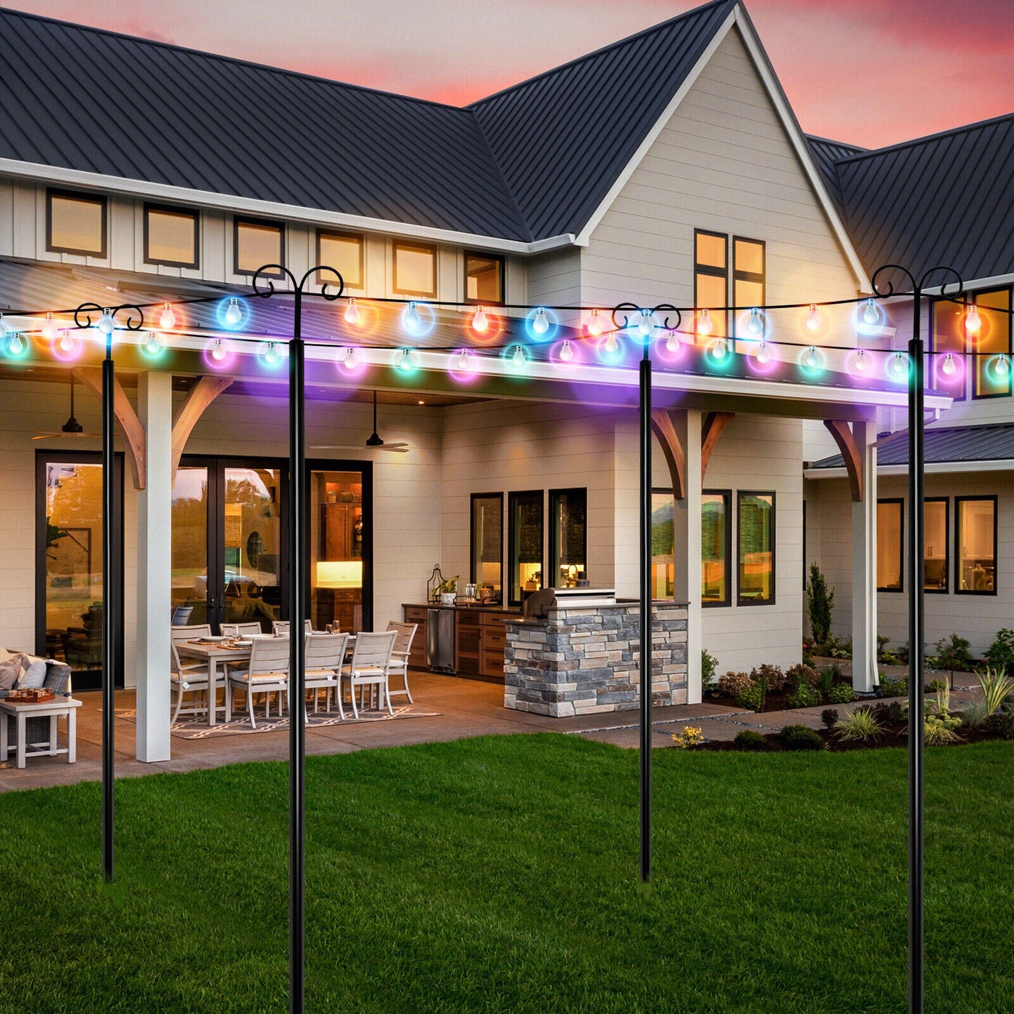 String Light Poles 2 Pack Outdoor Metal Poles with Top Arc Hook and 5-Prong Base
