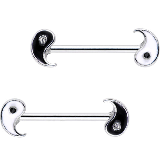 14G 18mm Clear Black Gem Yin Yang Barbell Nipple Ring Set