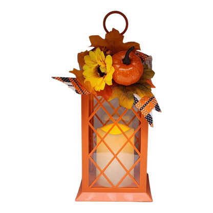 Harvest Lantern with Flickering LED Candle - Orange