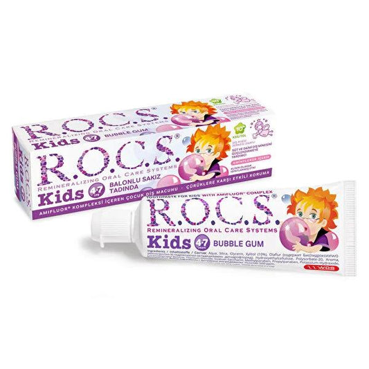 Rocs Kids Children's Toothpaste, Bubble Gum Flavor, SLS-Free, Strengthens Teeth for Kids Aged 4-7