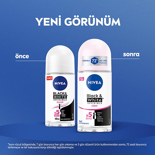Nivea Women's Roll-On Deodorant Black & White Invisible Clear - Long Lasting Anti-Perspirant Protection