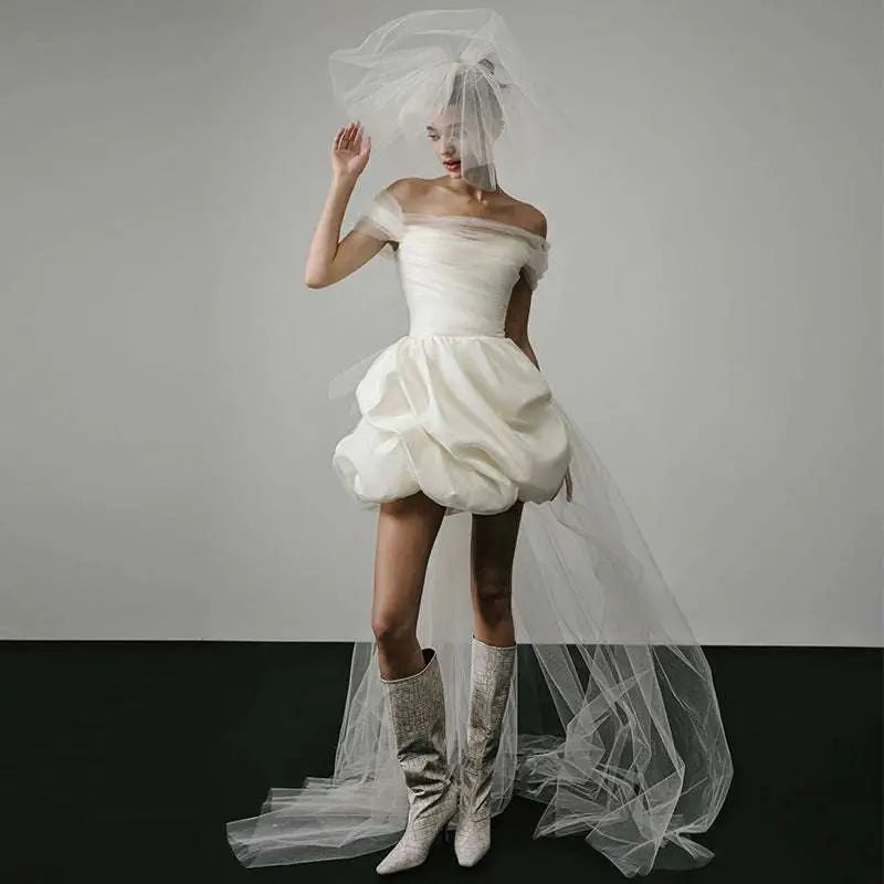 Off-shoulder Tulle White Wedding Dress with Train