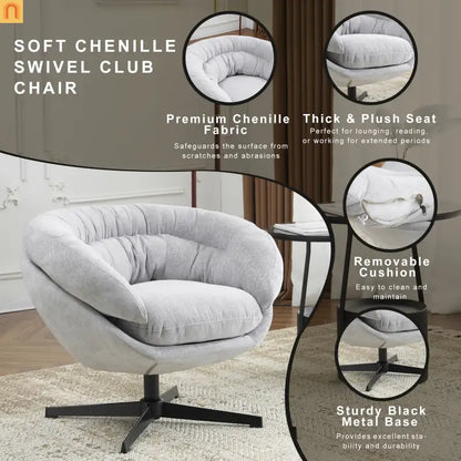 Accent Chair Swivel Chenille Gray 360 Degree Metal Base 33in