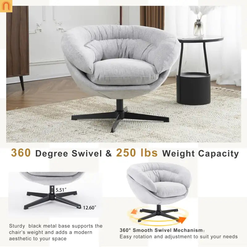 Accent Chair Swivel Chenille Gray 360 Degree Metal Base 33in