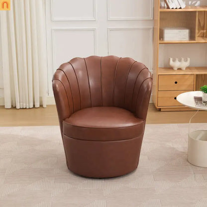 Wingback Swivel Chair Genuine Leather Brown 360 Degree Metal Base