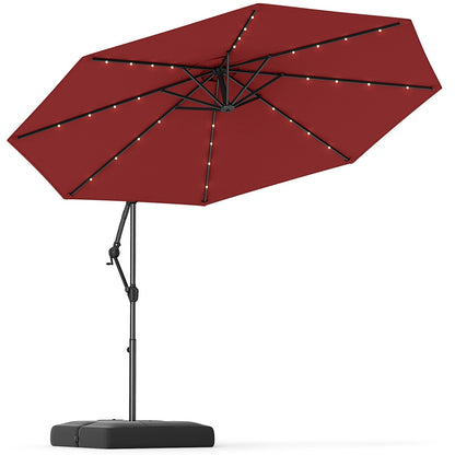 10 Feet Solar Offset Hanging Umbrella with Base and 32 LED Lights-Wine