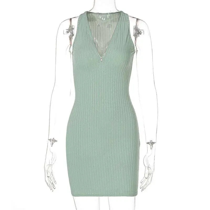 Olive Green Stripe Knitted Women Sleeveless Dress