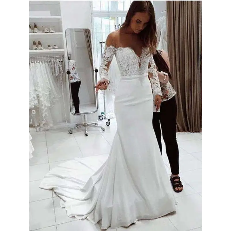 One Shoulder Lace Long Sleeve Wedding Dress