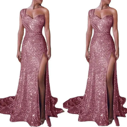 One Shoulder Sleeveless Bronzing Split Dress