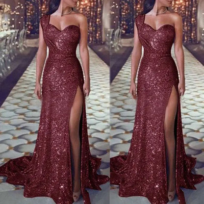 One Shoulder Sleeveless Bronzing Split Dress