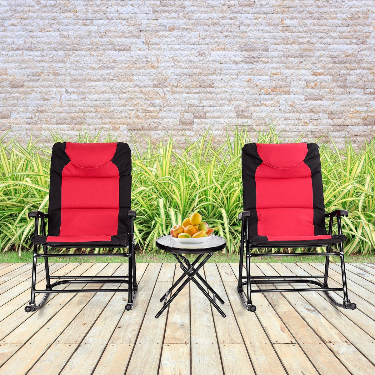 3 Pcs Outdoor Folding Rocking Chair Table Set with Cushion