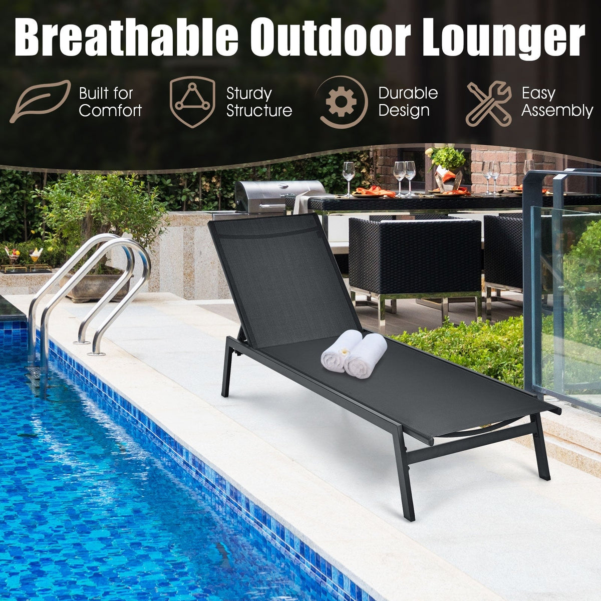 Outdoor Reclining Chaise Lounge Chair with 6-Position Adjustable Back