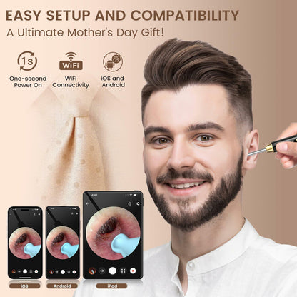 P8 Ear Cleaner Camera 1296P HD WiFi Otoscope Light Gold New