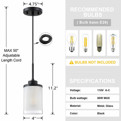 Doraimy 3-Pack 3.9" Grey Glass Pendant Lights Black Finish Modern Farmhouse