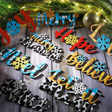 Gerrii 18pcs Christmas Ornaments Wooden Words Colorful Bulk New Crafts