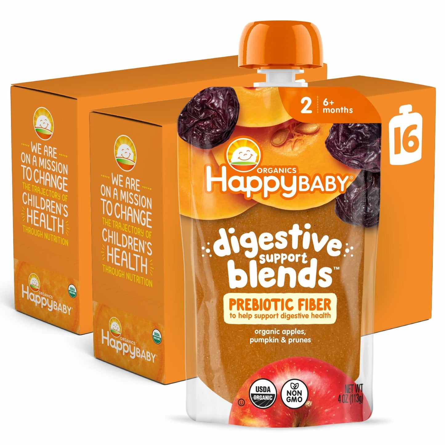BestBy07/25 Happy Baby Organic Digestive Support Stage 2 Baby Food 4oz Pouch x16