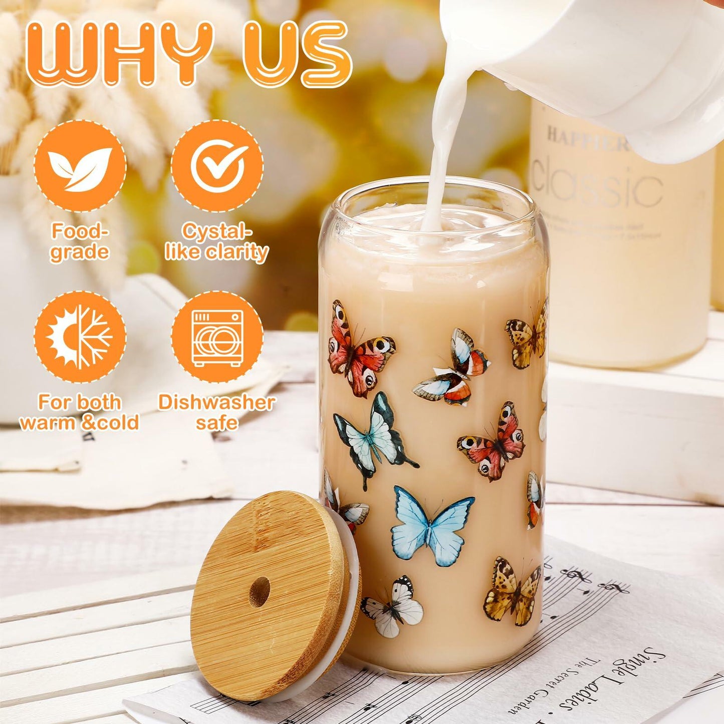 Cunhill 4pc 16oz Iced Coffee Glasses Set Pumpkin Bamboo Lid & Straw