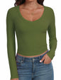 Artfish Women's Ribbed V Neck Crop Top Long Sleeve Slim Fit Olive Green L