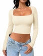 Meyeeka Womens Crop Top Long Sleeve Square Neck Beige Size M