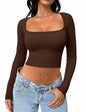 Meyeeka Women's Cinnamon Seamless Cropped Yoga Top Long Sleeve Square Neck - L