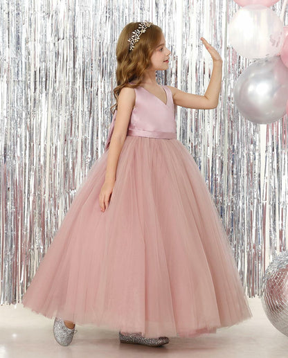 JISISANG White Satin Tulle Bow-Knot Flower Girl Dress Size 04
