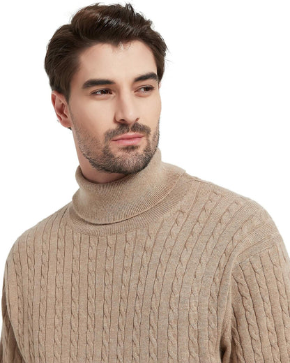 Kallspin Men's Wool Blend Cable-Knit Turtle Neck Sweater Coffee Size L